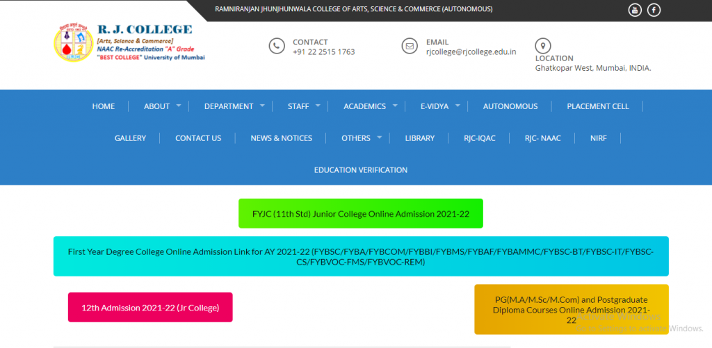 Rj College Merit List 21 Fyjc Fyba Admission Cut Off List