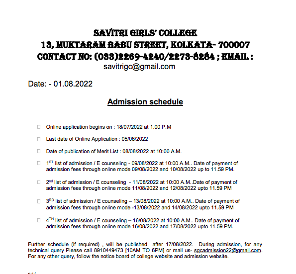 Savitri Girls College Merit list 2022