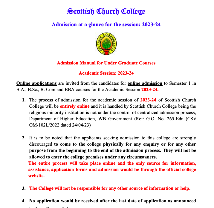 scottish church college online admission 2023 notice - merit list download links