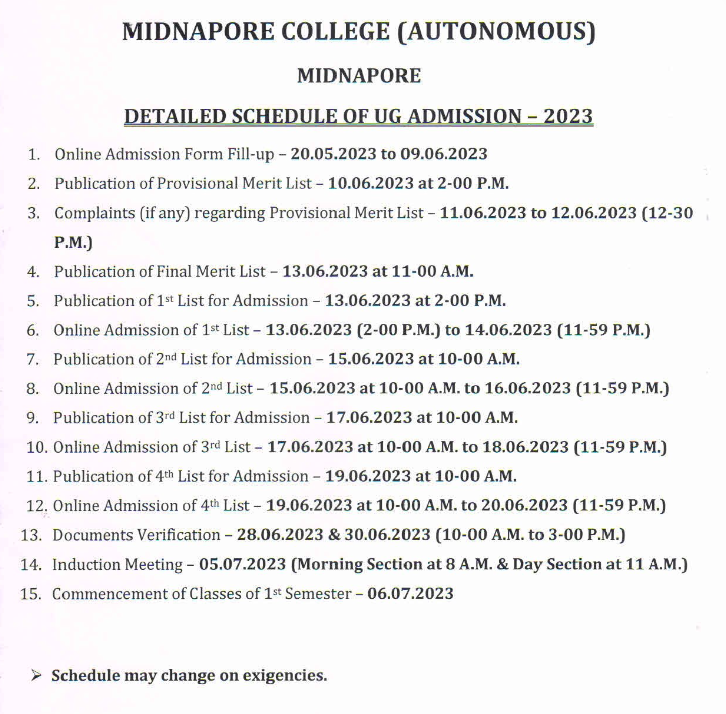 midnapore college admission 2023 merit list schedule notice download pdf