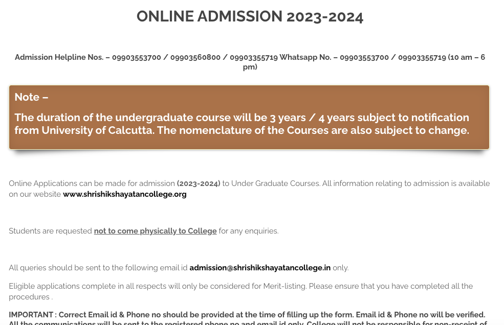 Shikshayatan College Kolkata Admission Notice 2023 provisional merit list download notice