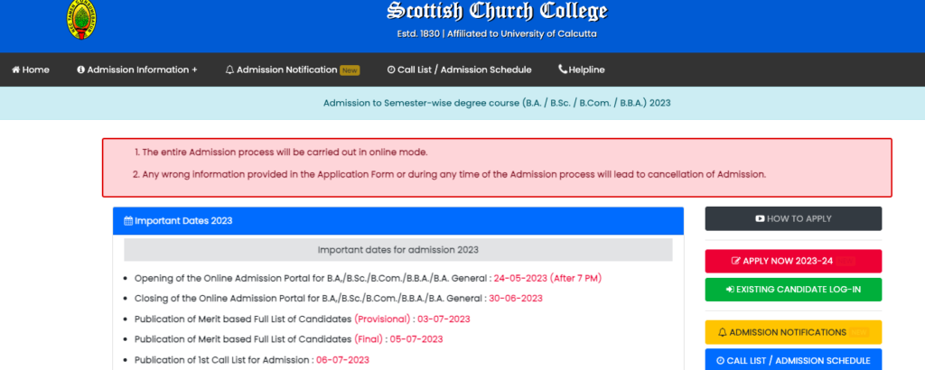 scottish church college admission merit list schedule 2023 download admission call list