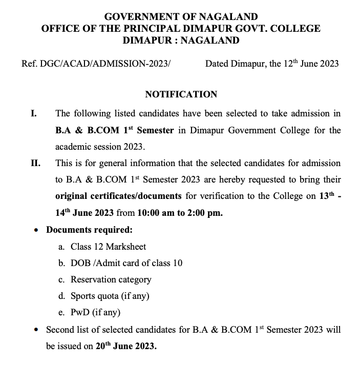 dimapur government college selection list 2023 notice download merit list