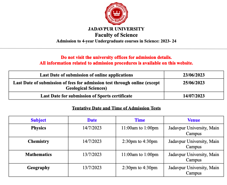 jadavpur university ug course admission 2023-24 merit list notice