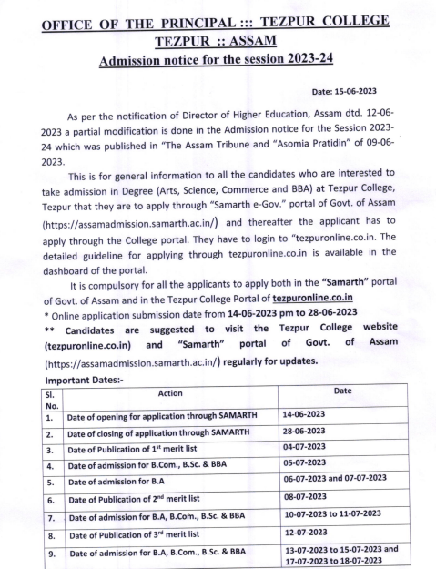 tezpur college admission merit list schedule 2023 notice download