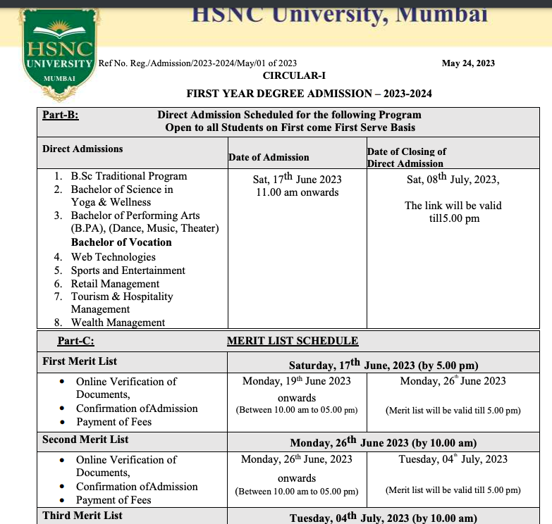 hsnc university mumbai merit list 2023 download pdf schedule of admission