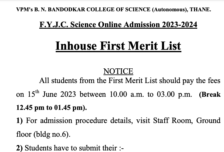 bandodkar college merit list 2023 download pdf cut off