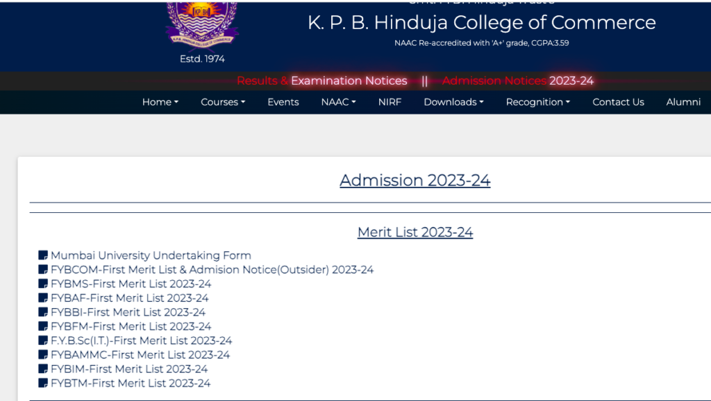 hinduja college merit list 2023 download cut off list link first fybcom fybmsc fybaf, fybbi, fybsc