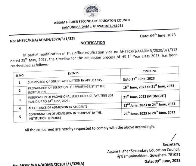 ahsec assam darpan online admission portal 2023 hs 1sr year admission merit list release date