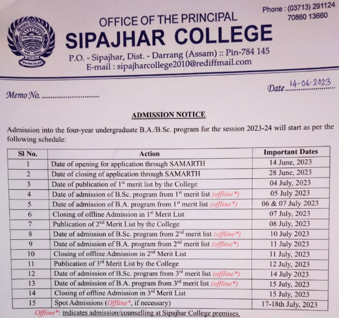 sipaijhar college merit list 2023 download notice admission