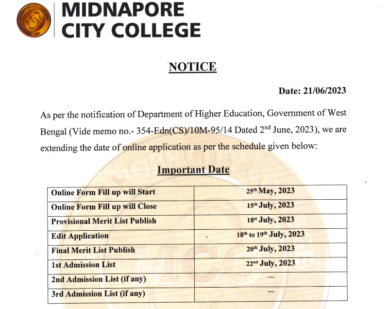 midnapore city college admission merit list schedule 2023 download pdf new dates