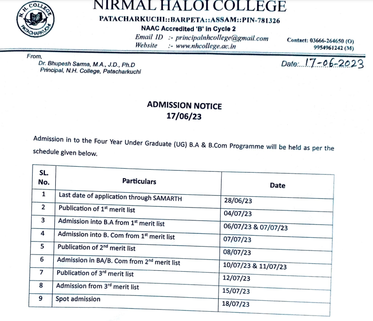 nirmal haloi college merit list publishing date 2023 notice download pdf