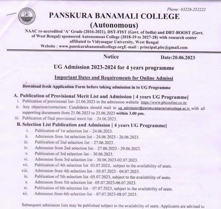 panskura banamali college official admission merit list schedule 2023 download notice