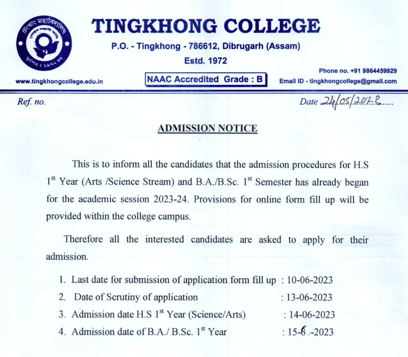 Tingkhong College merit list download date notice 2023