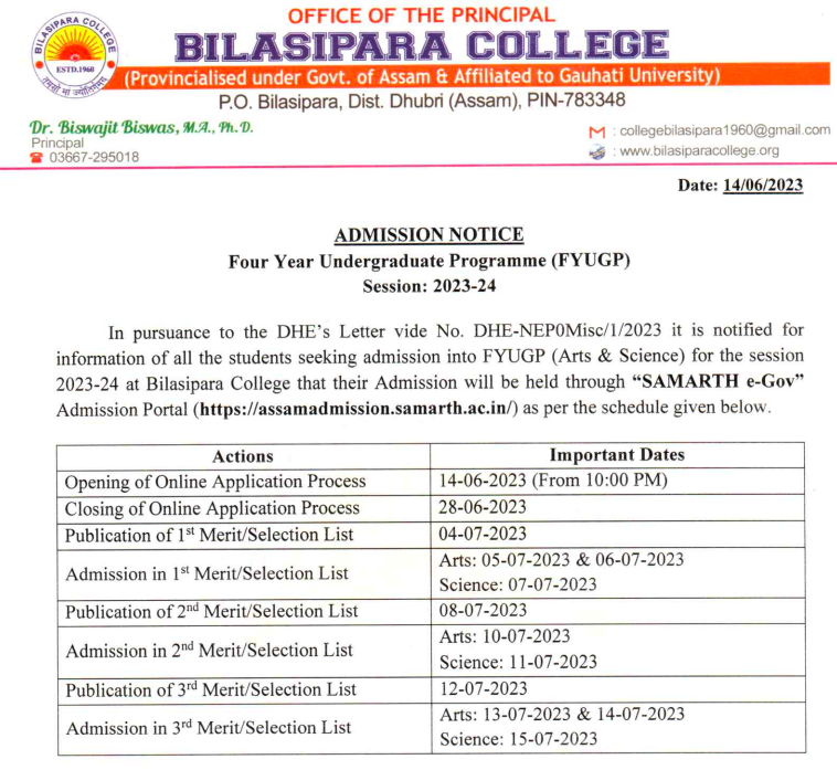 Bilasipara College Merit List download notice 2023 schedule