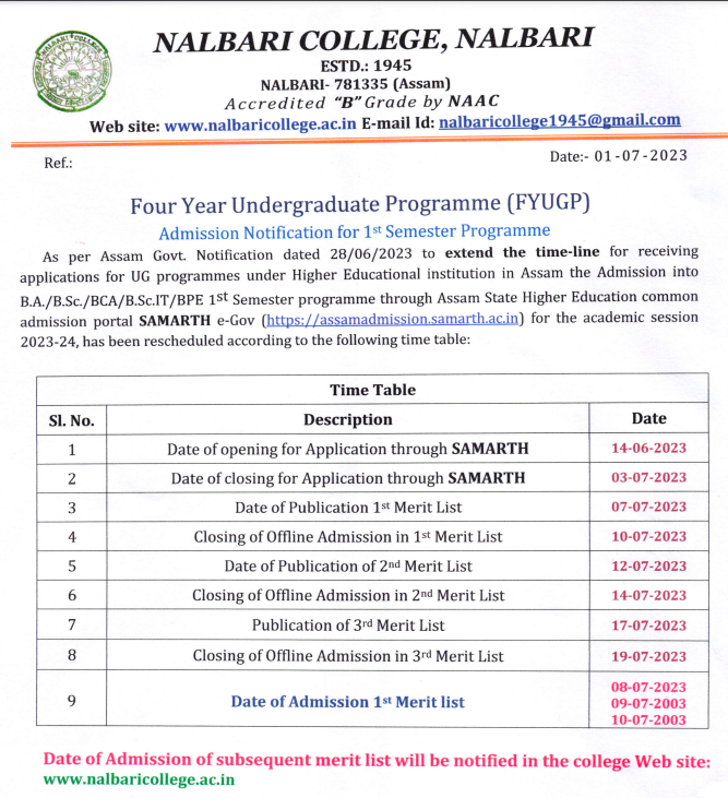 nalbari college online admission 2023-24 merit list date schedule updates