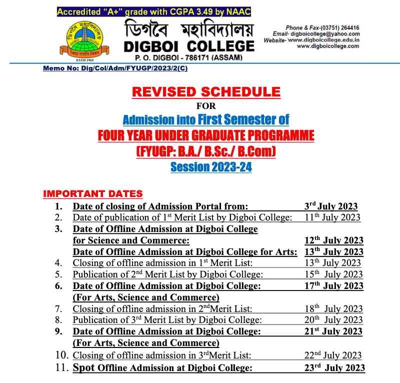 Digboi College Merit List schedule 2023-24 selection list of ba, bsc, bcom publishing date