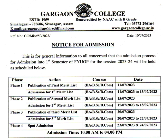 Gargaon College Merit List schedule 2023 download date pdf online