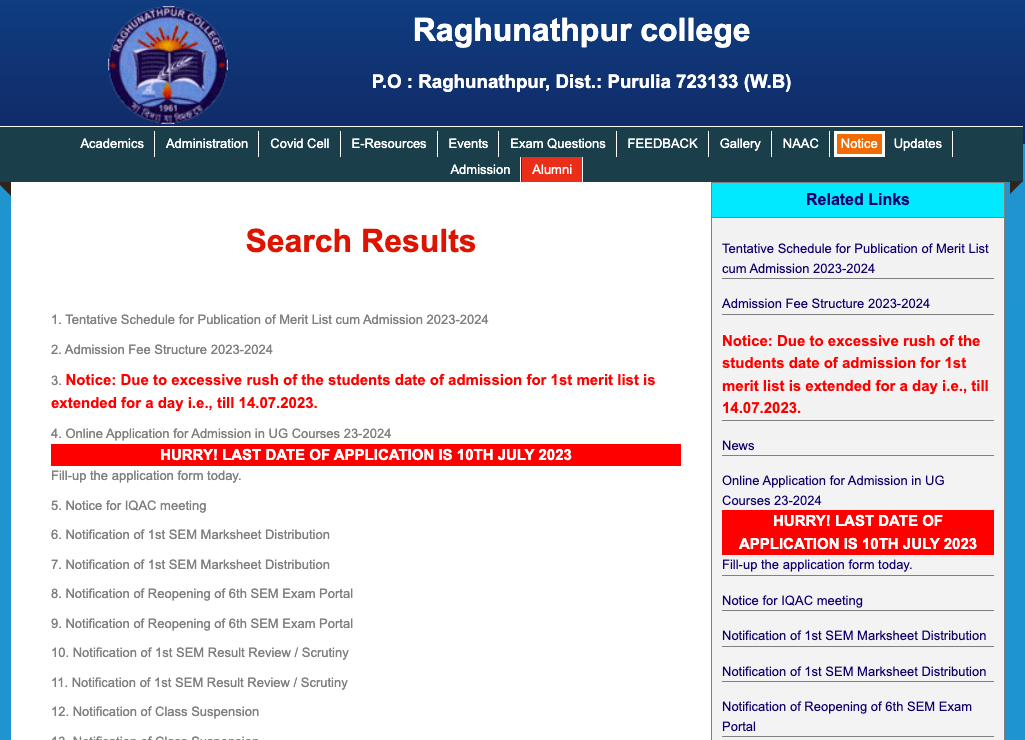 raghunathpur college merit list publishing date notice 2023