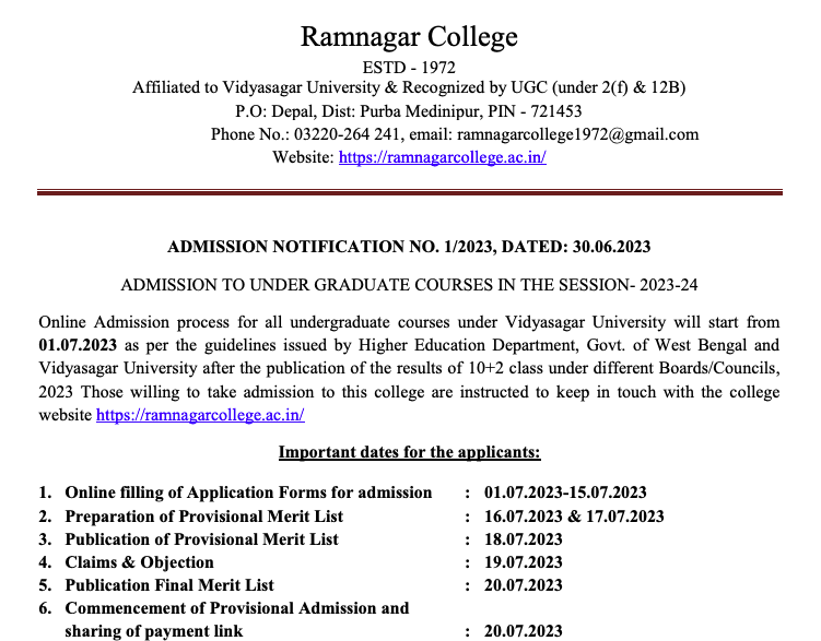 Ramnagar College admission notice - merit list download dates 2023-24 session