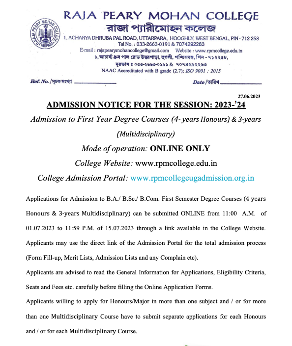 raja peary mohan college merit list 2023 notice