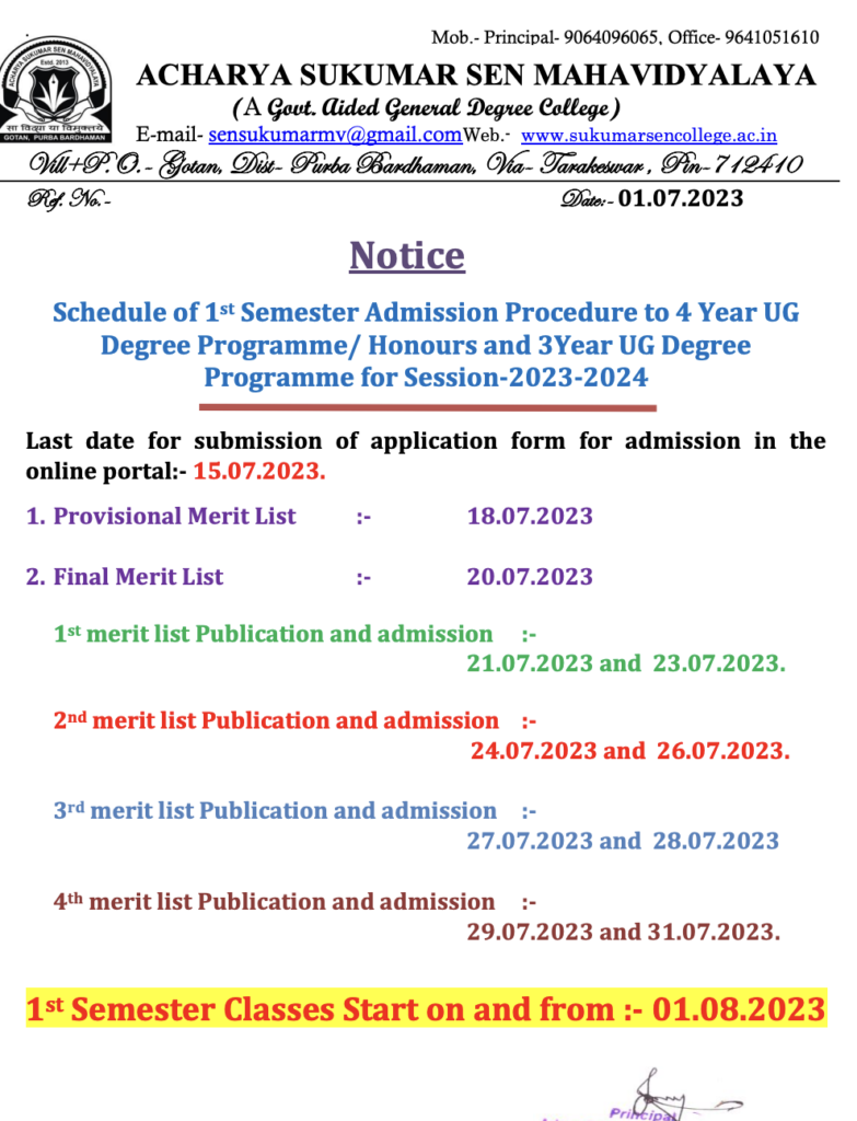 Acharya Sukumar Sen Mahavidyalaya Merit List 2023