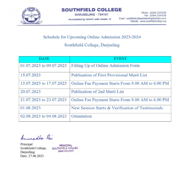 Southfield College merit list publishing date notice 2023