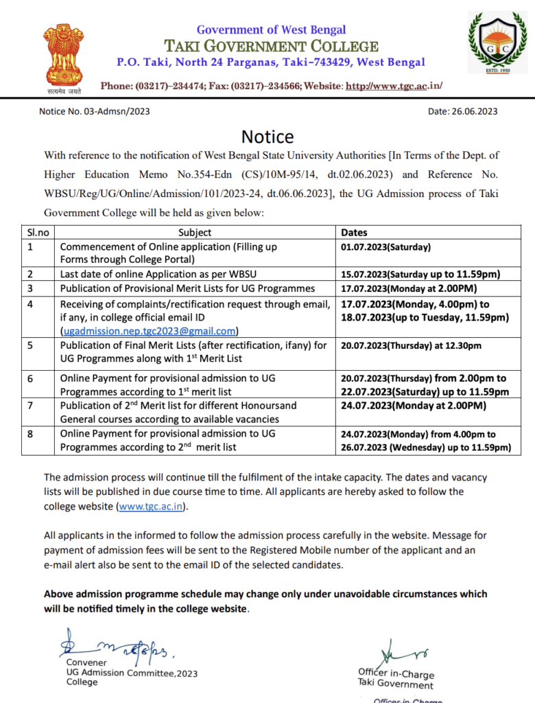 Taki Government College Merit List 2023
