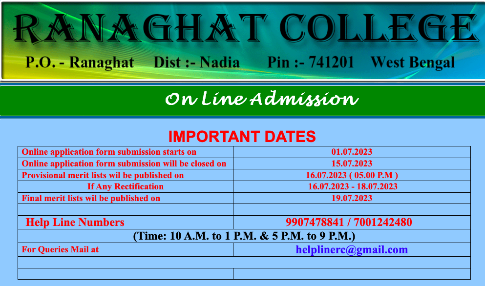 ranaghat college admission merit list 2023 publishing date notice