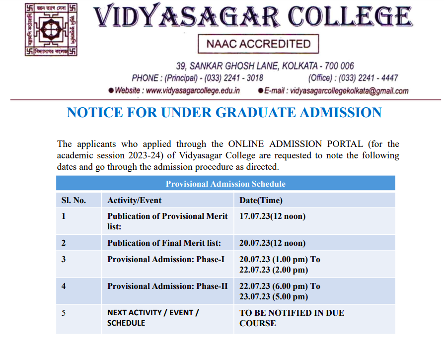 vidyasgar college admission merit list schedule 2023-24 notice