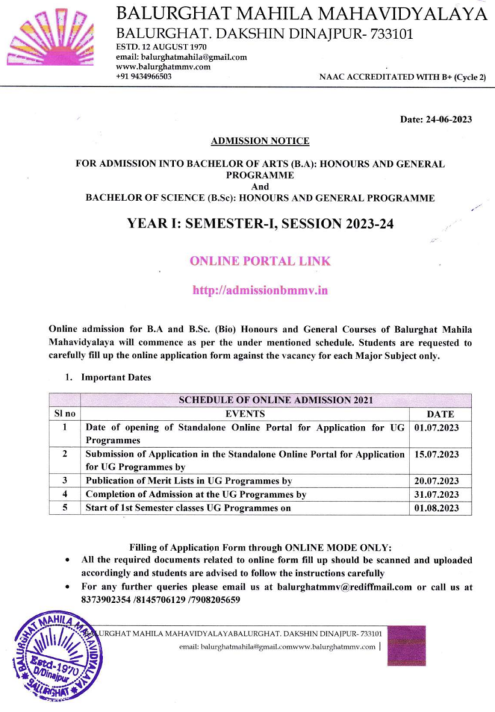 Balurghat Mahila Mahavidyalaya Merit List 2023