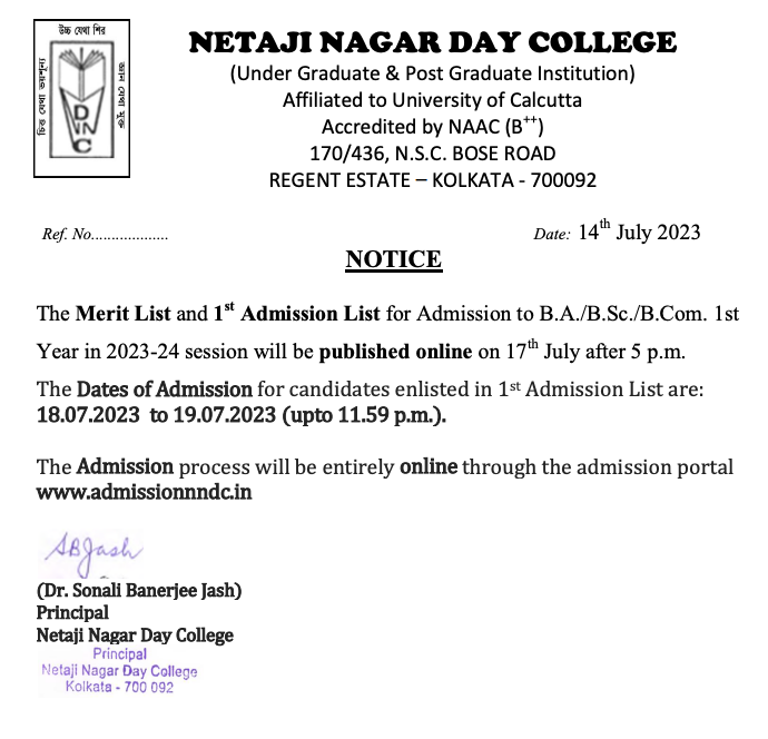 netaji nagar day college (NN Day College) Admission Schedule 2023-24 merit list publishing date