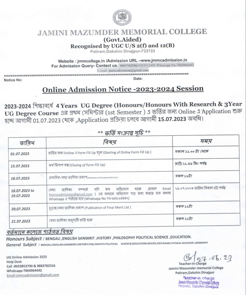 Jamini Majumdar Memorial College Merit List 