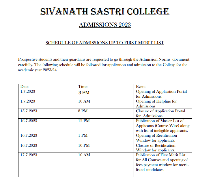download sivanathsastricollege.org Sivanath sastri college merit list download publishing date
