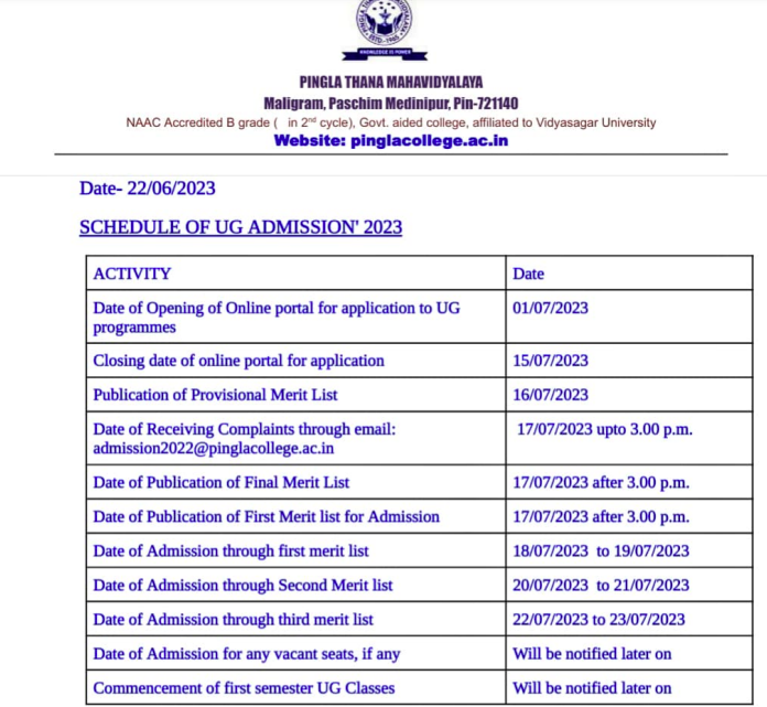 Pingla Thana Mahavidyalaya merit list publishing date 2023 schedule notice