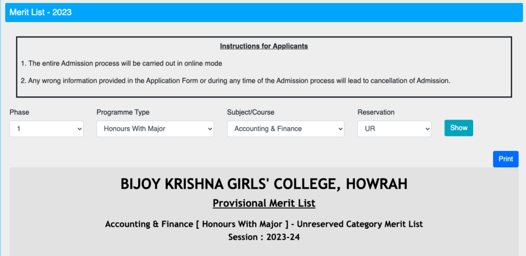 bkgc college provisional merit list download links 2023-24