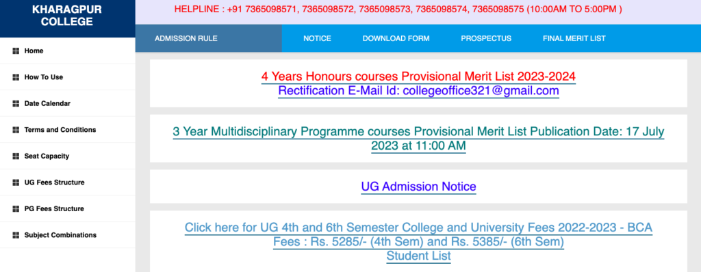 Kharagpur College merit list publishing date notice