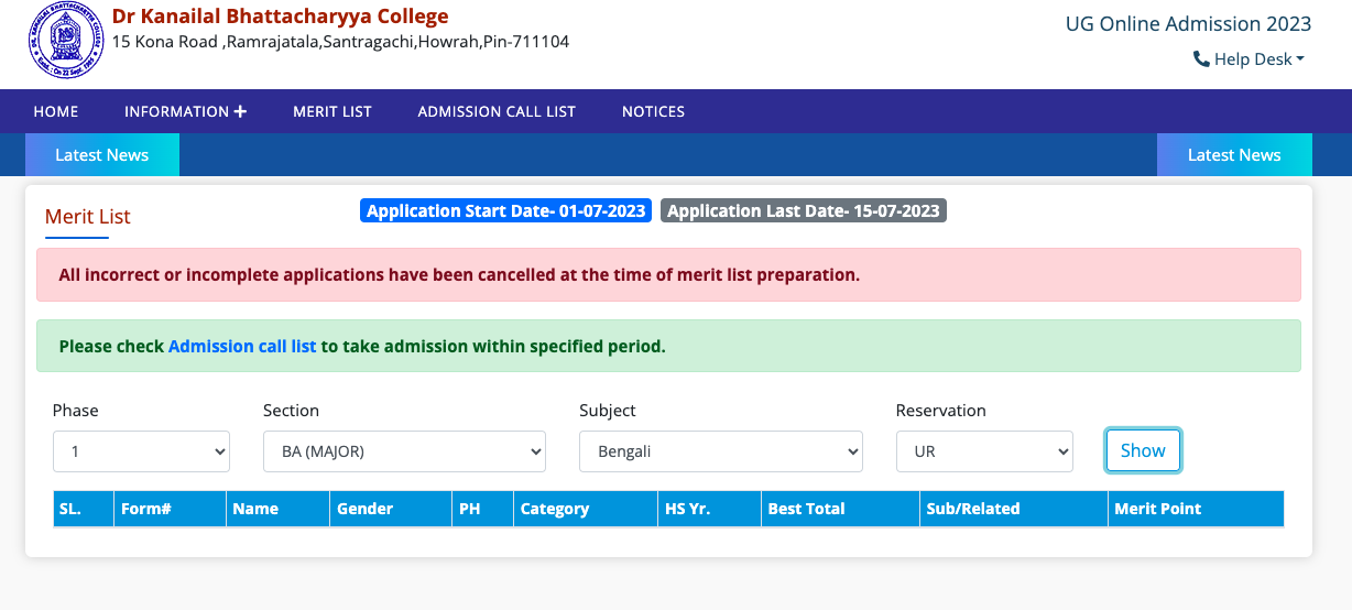 Kanailal Bhattacharya College Merit List 2023 Admission List BA BSc ...