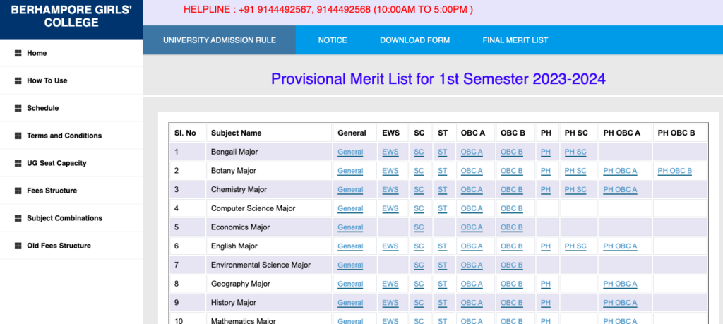 Berhampore Girls’ College Merit List download links 2023-24