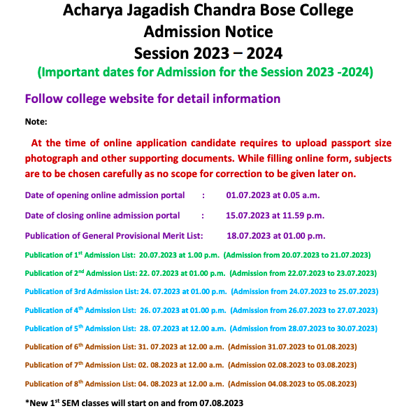 acharya jagadish chandra bose college admission schedule 2023-24 download links