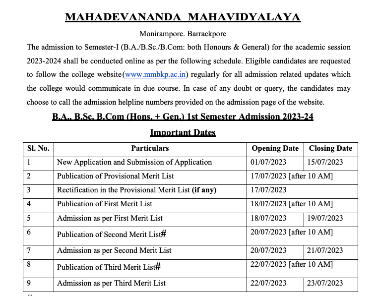 Mahadevananda Mahavidyalaya merit list publishing date 2023-24 notice download