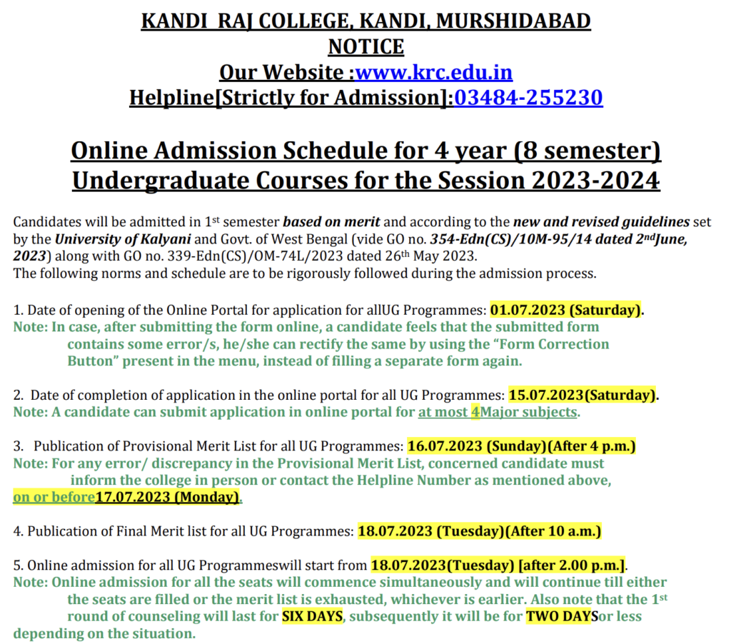 Kandi Raj College final merit list download links notice admission schedule 2023