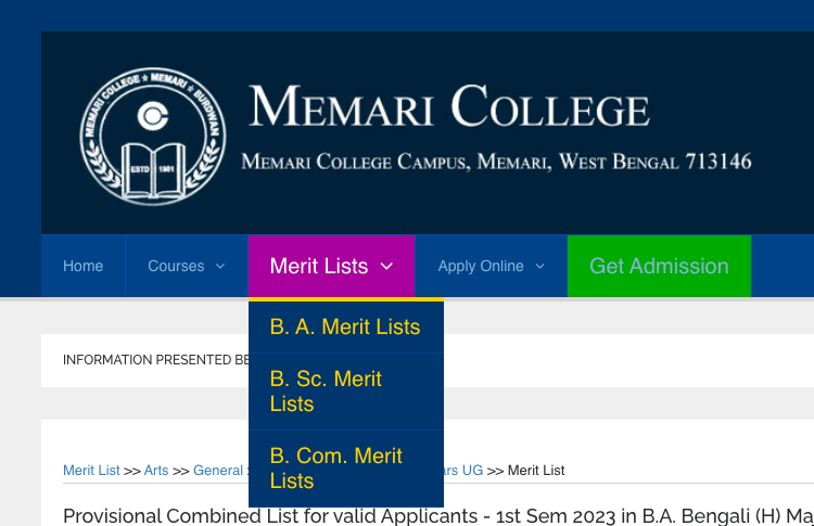 memari college merit list download links 2023