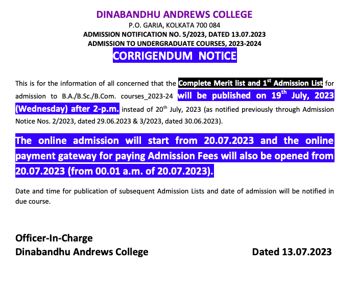 dinabandhu andrews college provisional merit list download schedule