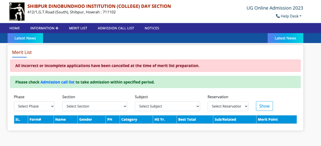 DB College Merit List downlaod links 2023 shibpur dinobundhoo institution