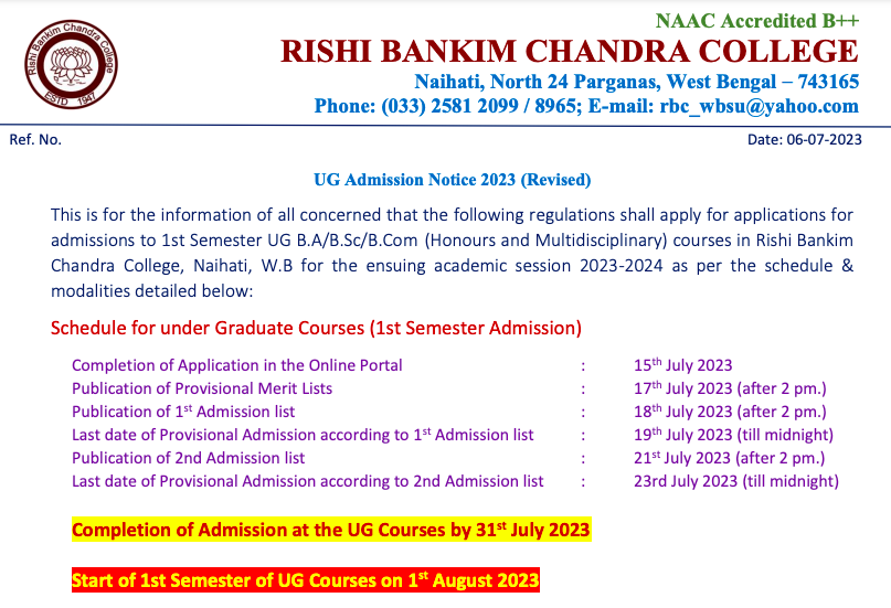 rbc college admission merit list publishing date 2023